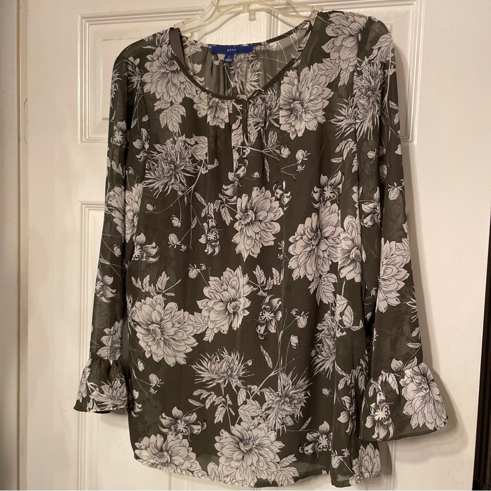 Apt 9 Blouse Womens Large Green Floral Long Sleeve 2 Piece Sheer Tank Top Cami